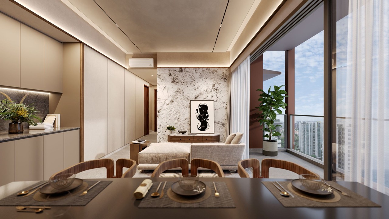 Amber House living, dining and balcony perspective